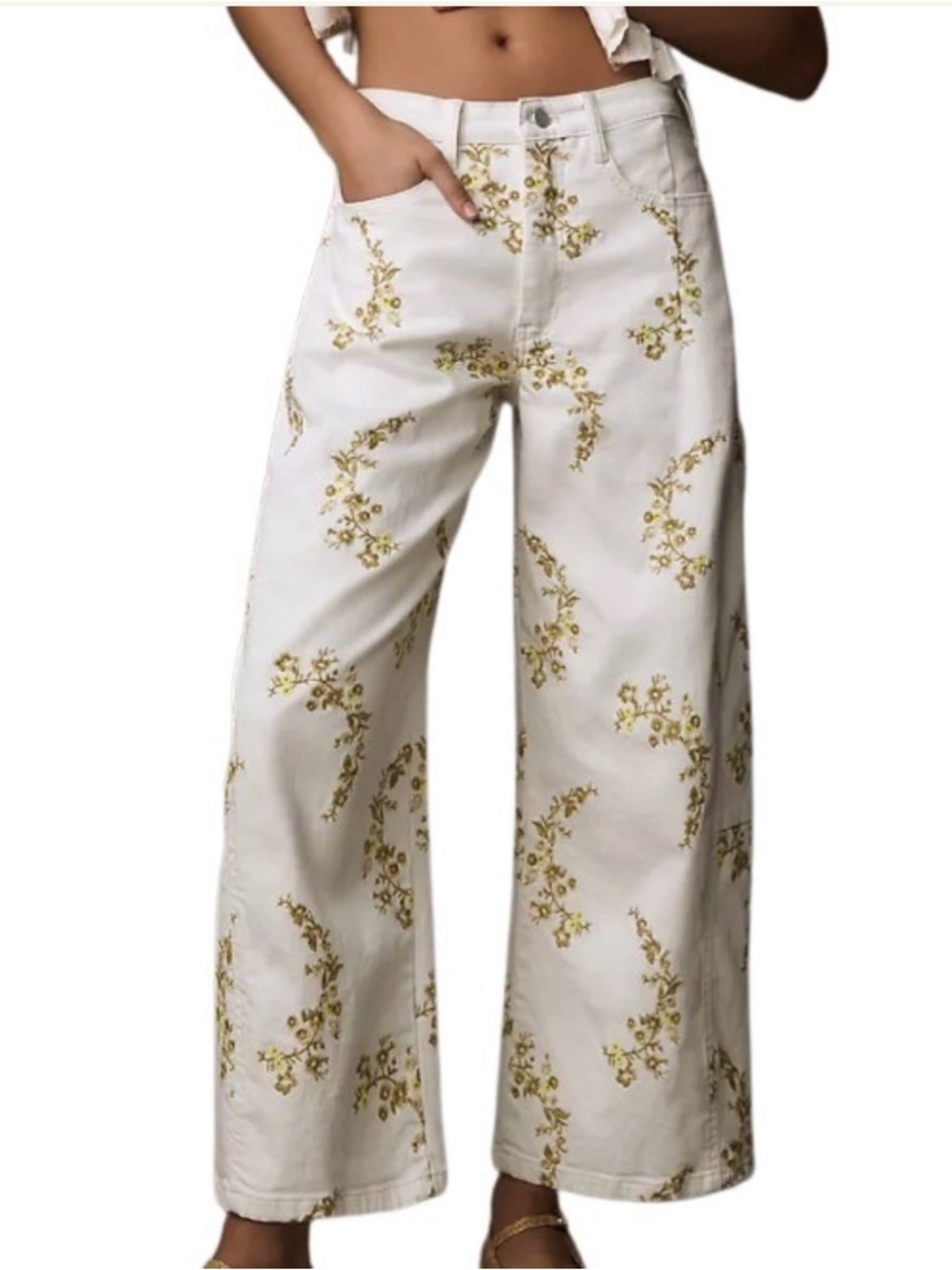 Anthropologie cream barrel Pants with Yellow/green Floral Embroidery